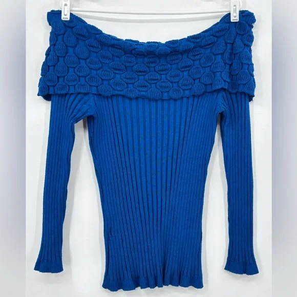 New Directions Vibrant Blue Off-Shoulder Sweater - Picture 8 of 9